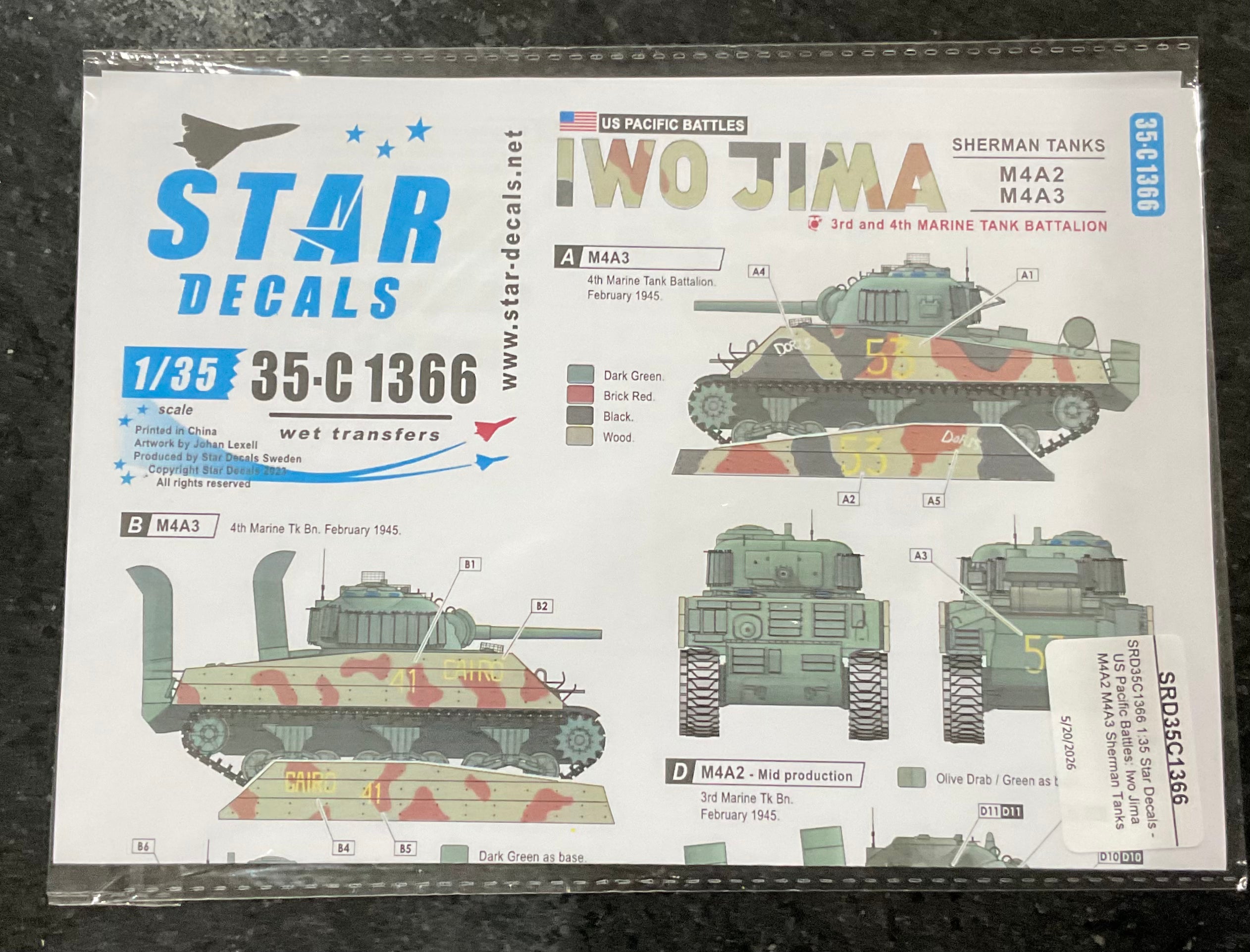 SRD35C1366 1:35 Star Decals - US Pacific Battles: Iwo Jima M4A2 M4A3 Sherman Tanks