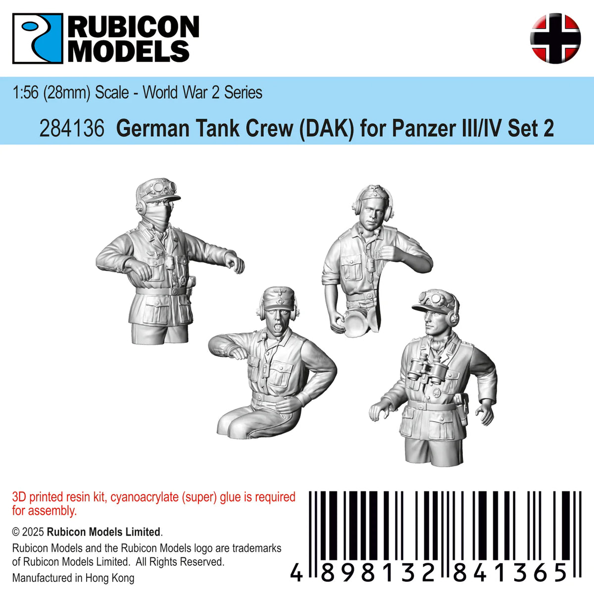 Rubicon Model. 284136 German PzIII/IV Tank Crew (DAK) Set 2- Resin