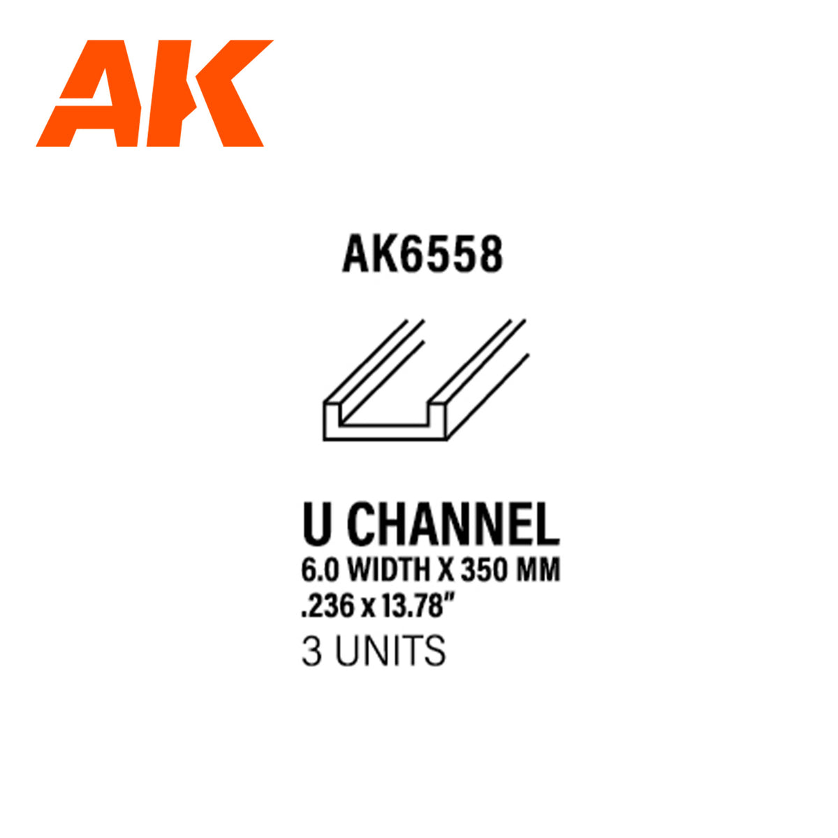 AK6558 Perfil en U de 6,0 mm de ancho x 350 mm – PERFIL EN U DE ESTIRENO