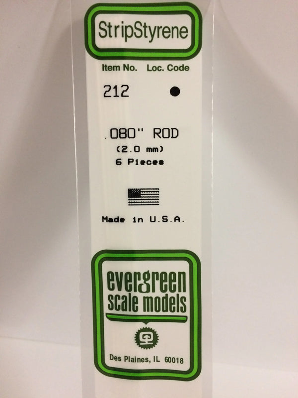 EVERGREEN 212 Styrene Plastic .080 Round Rod 6 pieces 212