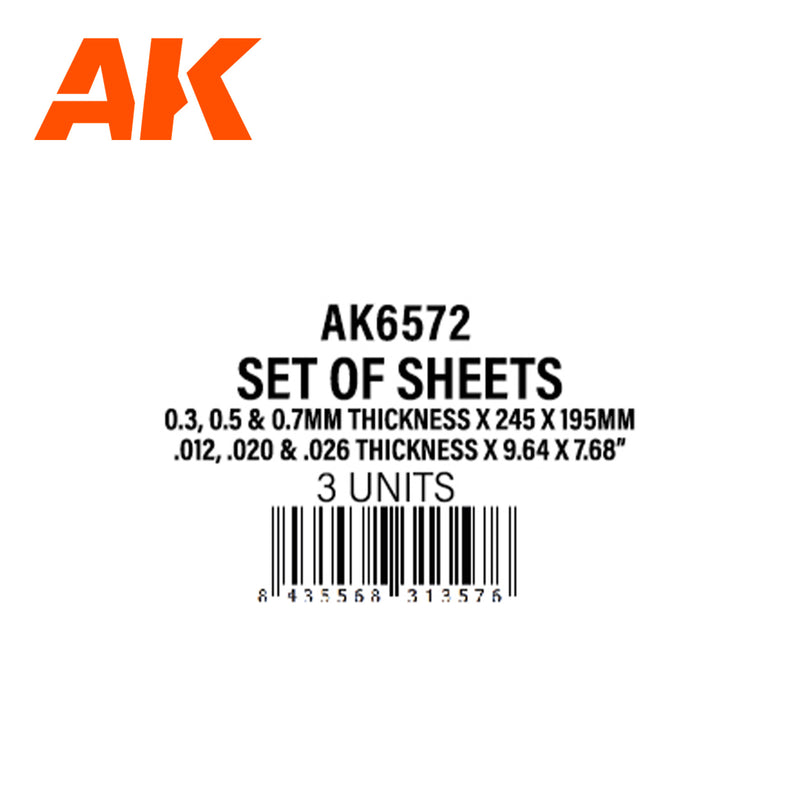 AK6572 STYRENE SHEETS SET 0.3 X 0.5 X 0.7 mm 245 x 195 mm