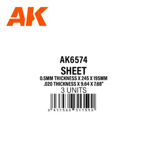 AK6574 0.5MM THICKNESS X 245 X 195MM – STYRENE SHEET – (3 UNITS)
