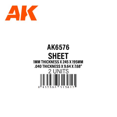 1MM THICKNESS X 245 X 195MM – STYRENE SHEET – (2 UNITS) AK6576