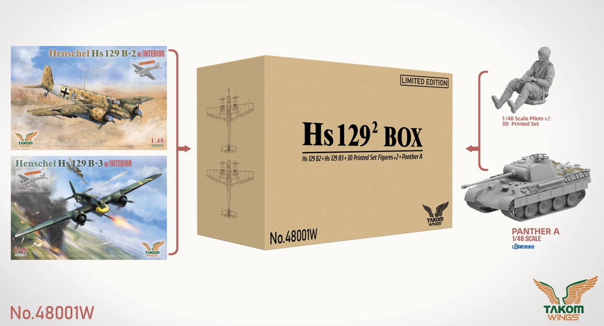 TAK48001W  Hs129² Box Hs : 129 B2 + Hs 129 B3 + 3d Printed Set Figures x2 + Panther A 1:48