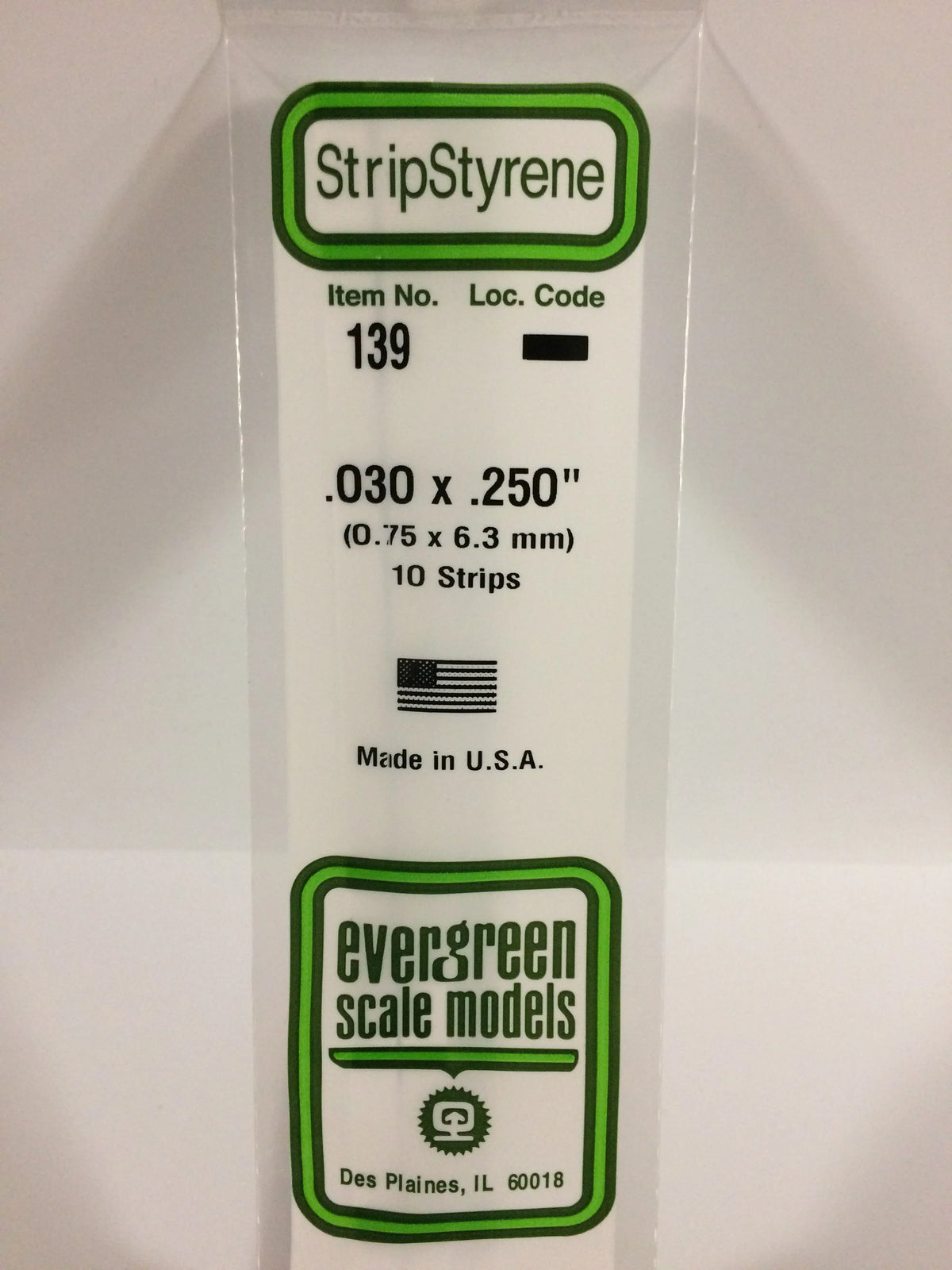 EVG0139 Evergreen Styrene Plastic .030 x .250 Strip 10 pza