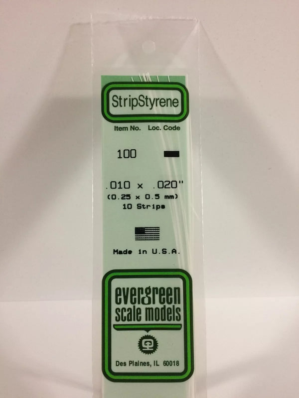 EVG0100 Evergreen Styrene Plastic .010 x .020 Strip 10 pieces #100