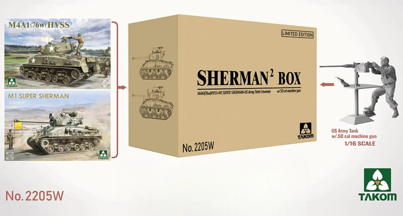 TAKOM 2205W Sherman²BOX -M4A1 (76w) HVSS y M1 Super SHERMAN + ARMY tank crewman WW2 50 cal machine gun