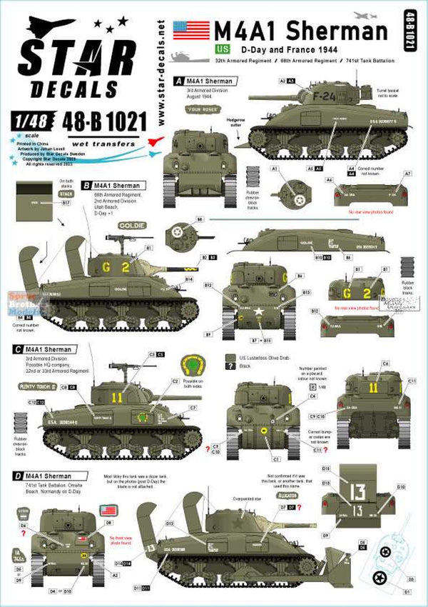 SRD48B1021 1:48 Star Decals - M4A1 Sherman : US D-Day et France 1944