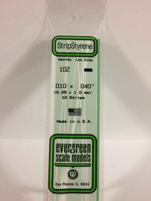 Evergreen Styrene Plastic .010 x .040 Strip 10 pieces #102 (EVG0102)