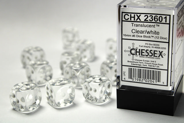 Chessex Dice Set: Translucent Clear/White 16mm D6 Dice Blook (12 Dice)