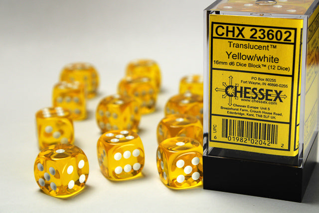 Jeu de dés Chessex : jaune translucide/blanc 16 mm D6 Dice Blook (12 dés)