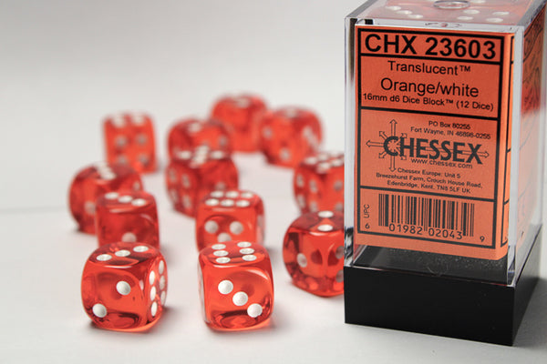 Jeu de dés Chessex : Orange translucide/blanc 16 mm D6 Dice Blook (12 dés)