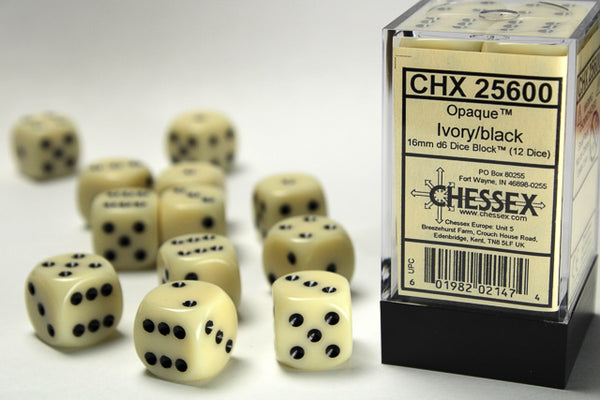 Jeu de dés Chessex : Opaque Ivoire/Noir 16 mm D6 Dice Blook (12 dés)