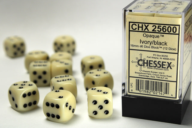 Chessex Dice Set: Opaque Ivory/Black 16mm D6 Dice Blook (12 Dice)