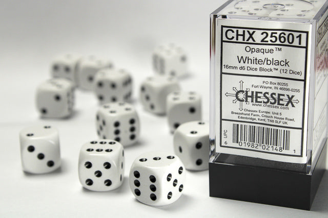 Chessex Dice Set: Opaque White/Black 16mm D6 Dice Blook (12 Dice)