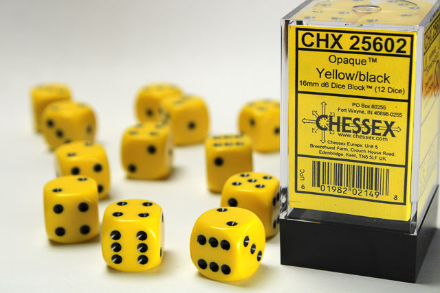 Jeu de dés Chessex : Opaque Jaune/Noir 16 mm D6 Dice Blook (12 Dés)