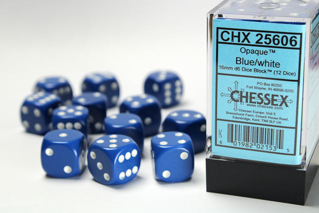 Chessex Dice Set: Opaque Blue/White 16mm D6 Dice Blook (12 Dice)
