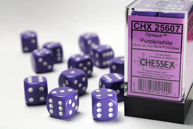 Chessex Dice Set: Opaque Purple/White 16mm D6 Dice Blook (12 Dice)