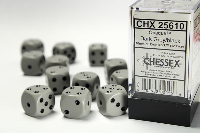 Chessex Dice Set: Opaque Dark Grey/Black 16mm D6 Dice Blook (12 Dice)
