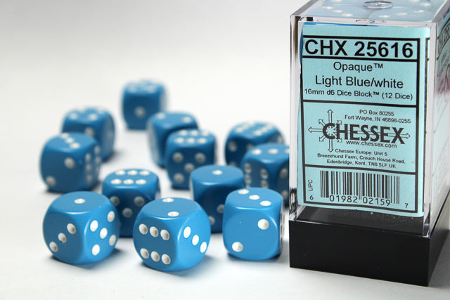 Chessex Dice Set: Opaque Light Blue/White 16mm D6 Dice Blook (12 Dice)