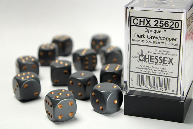 Chessex Dice Set: Opaque Dark Grey/Copper 16mm D6 Dice Blook (12 Dice)
