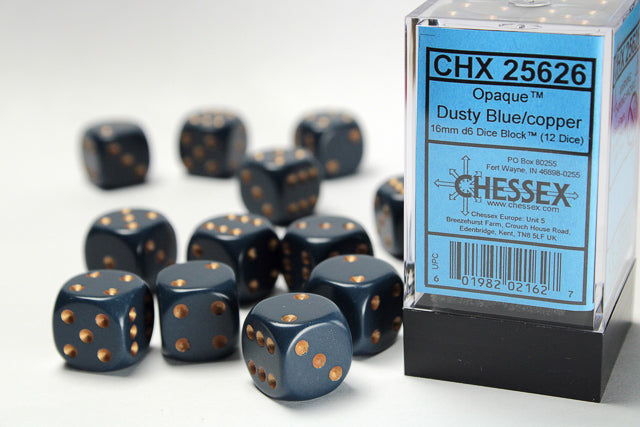 Jeu de dés Chessex : bleu poussiéreux opaque/cuivre 16 mm D6 Dice Blook (12 dés)