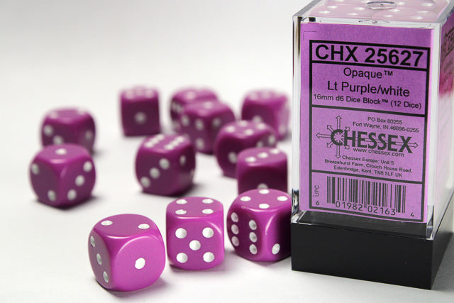 Jeu de dés Chessex : Opaque Lt Violet/Blanc 16 mm D6 Dice Blook (12 dés)