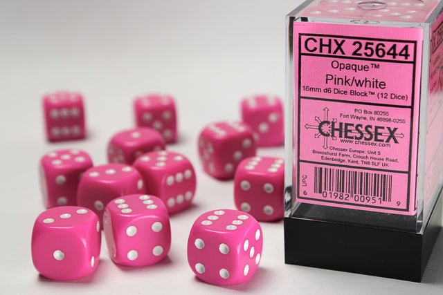 Chessex Dice Set: Opaque Pink/White 16mm D6 Dice Blook (12 Dice)