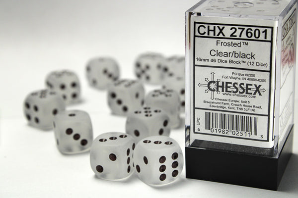 Jeu de dés Chessex : transparent avec dés noirs D6 16 mm (12 dés)