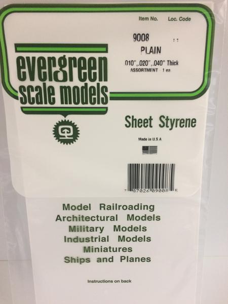 EVERGREEN 9008 Styrene Plastic .010 .20 .040 White Sheet Assortment (1 piece of each size) #9008