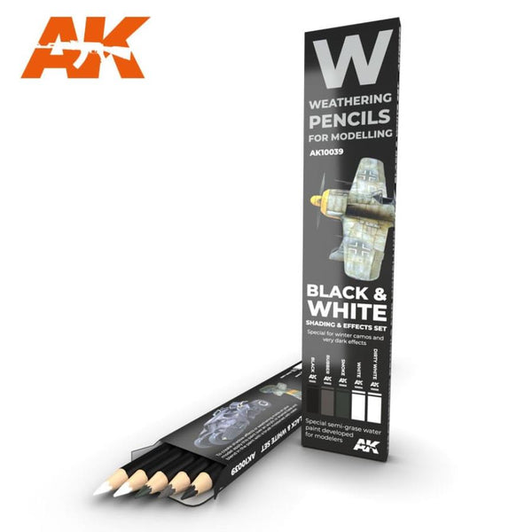 AK-Interactive Weathering Pencils: Black &amp; White Shading &amp; Effects Set