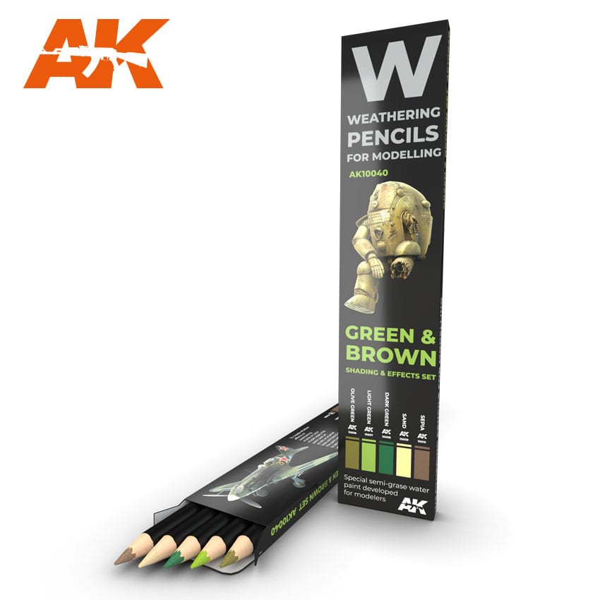 AK10040 Interactive Weathering Pencils: GREEN & BROWN: SHADING & EFFECTS SET