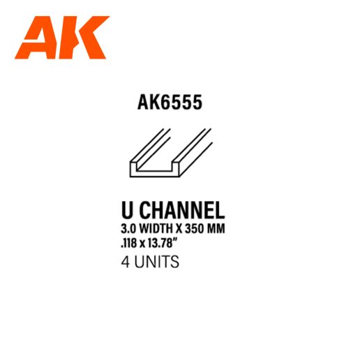 U CHANNEL 3.0 WIDTH X 350MM – STYRENE U CHANNEL – (4 UNITS) AK6555