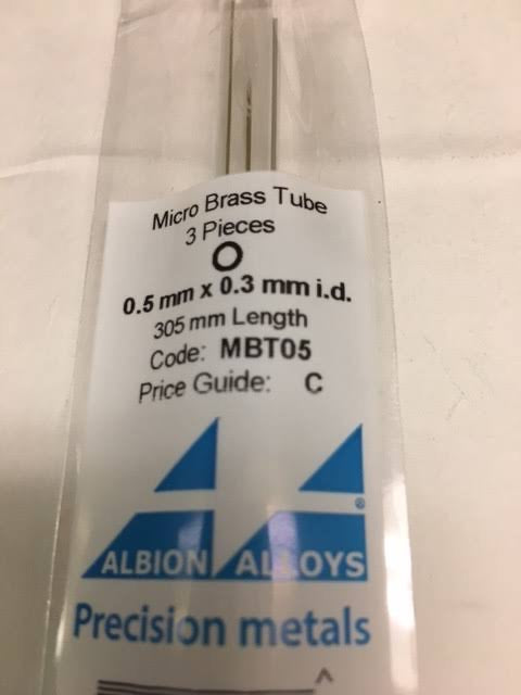 Albion Alloys. MBT05. Brass micro tube. 0.5mm x 0.3mm Int.