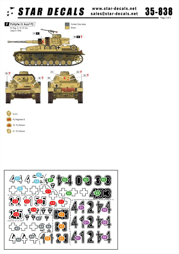 Décalcomanies étoiles. 1/35 35-838 Pzkpfw IV F1/F2 Afrique