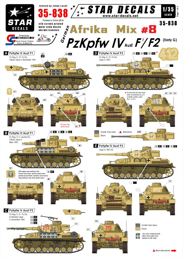 Décalcomanies étoiles. 1/35 35-838 Pzkpfw IV F1/F2 Afrique