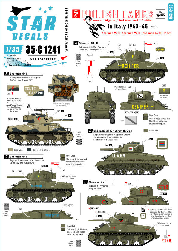 Décalcomanies étoiles. 1/35 35-C 1241 Chars polonais en Italie 43-45