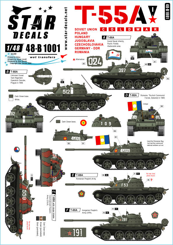 Décalcomanies étoiles. 1/48. 48-B1001 T-55A Guerre froide.