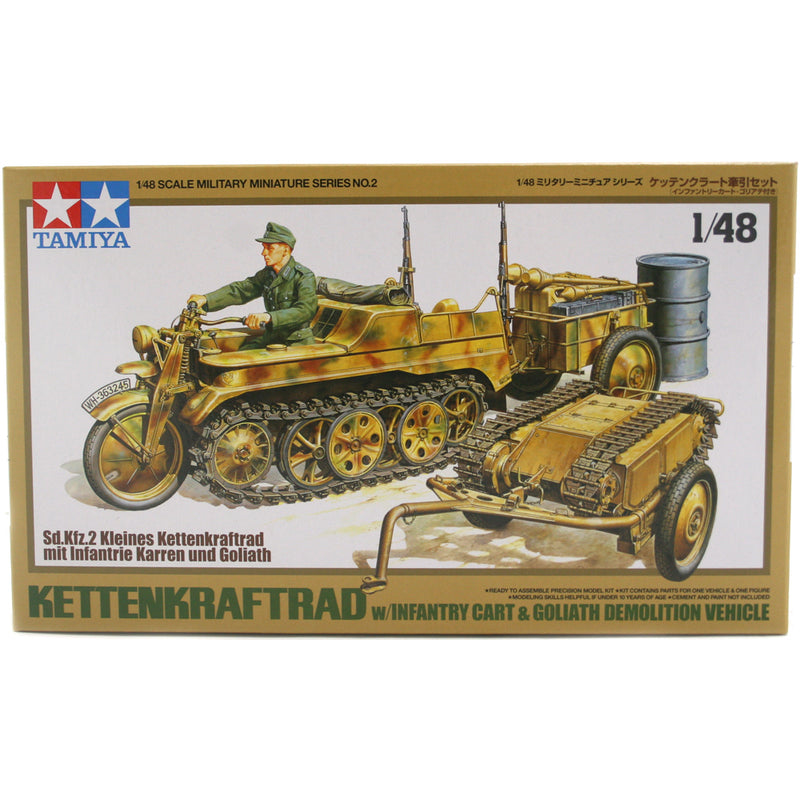1:48 Tamiya Kettenkraftrad with infantry Cart &amp; Goliath Demolition Vehicle